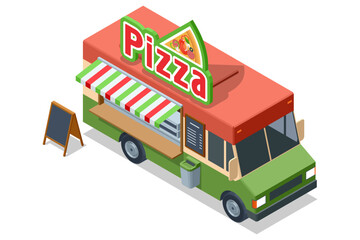 Pizza food truck. Isometric illustration of a pizza food truck with service window and sign, street fast food vehicle for takeaway meal, urban mobile restaurant concept.