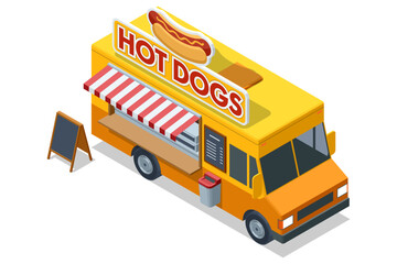 Hot dog food truck. Isometric illustration of a hot dog food truck with service window and sign, street fast food vehicle for quick snack takeaway, urban mobile food concept