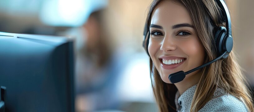 Professional customer support agent wearing headset in modern office environment, perfect for customer service operations, technical support teams, and business communication solutions
