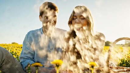 A happy young couple enjoys a delightful picnic in a sun-drenched field filled with vibrant yellow dandelions on a beautiful day.