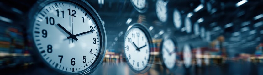 A collection of clocks displaying different times, set against a blurred background, a theme of time management and awareness, urgency, limited time, responsibility