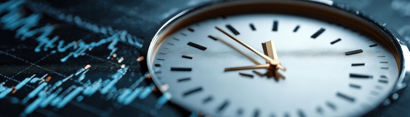 A close-up of a clock with a sleek design, set against a backdrop of financial data and graphs, time management in business, urgency, limited time, responsibility