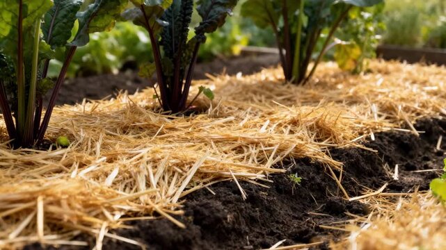 Medium shot of straw mulch layering in a vegetable patch focusing on organic soil protection and moisture retention techniques.