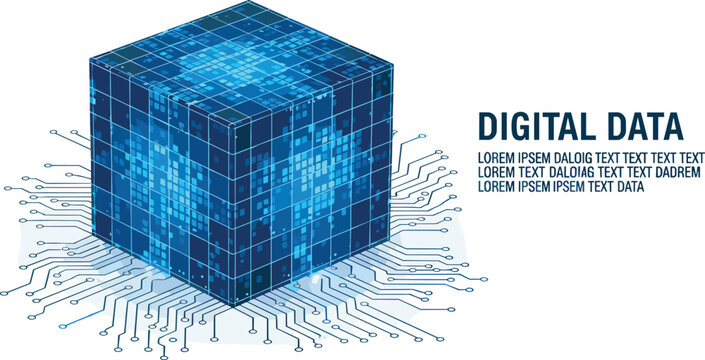 A 3D cube representing digital data with circuit board patterns and blue grid texture viewed from an isometric perspective