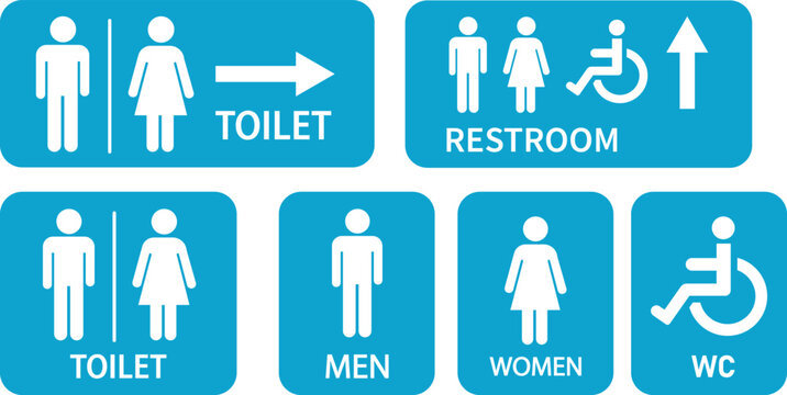 Washroom signs. Restroom or toilet door sign set gents, ladies, disabled, baby changing. WC sign. Female or male restroom. WC door plate symbol. Printable sticker. Vector illustration