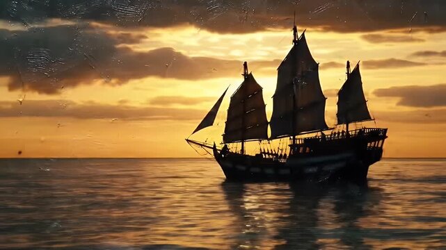 Ancient Sailing Vessel Silhouetted Against a Golden Sunset Over Calm Ocean