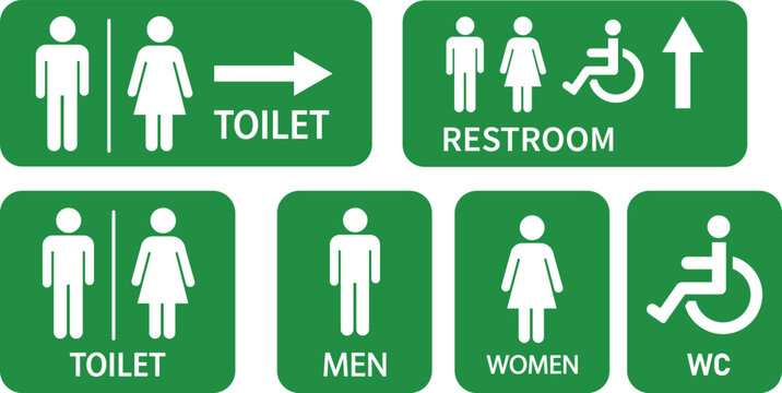 Toilet icon collection. Men and women restroom and toilet icon sign with right arrow. Wc toilet signs symbol green and white color. isolated vector illustration. Flat style