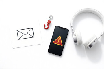 Warning sign on smartphone with headphones and hook