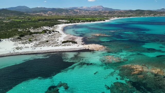 Drone aerial footage along the coast of Capo Comino, Siniscola, Nuoro, Sardinia, Italy