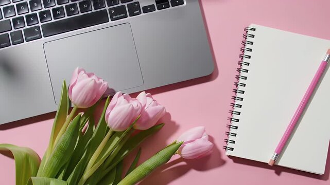Bright pink workspace flat lay featuring laptop, notebook, pink pen, and tulips on a vibrant desk