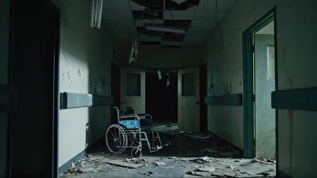 Dilapidated hallway in an abandoned hospital features crumbling walls, broken ceilings, and scattered medical equipment.