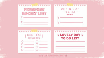 Collection of colorful to-do lists and bucket lists on a soft pink background, viewed from directly above