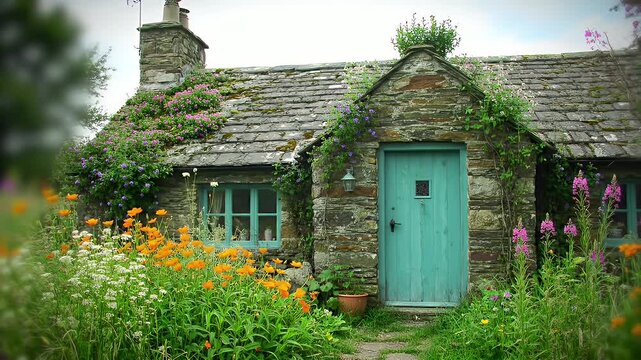 Charming stone cottage with ivy-clad walls, turquoise front door, and vibrant garden in a rural setting