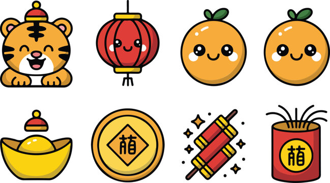 Chinese New Year Icon Set  Tiger, Lanterns, Oranges, and Gold