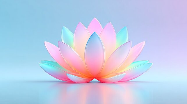 Softly glowing 3D render of a lotus flower in iridescent pastel gradients of pink, blue, and yellow. Perfect for meditation apps, spa branding, and wellness websites. 