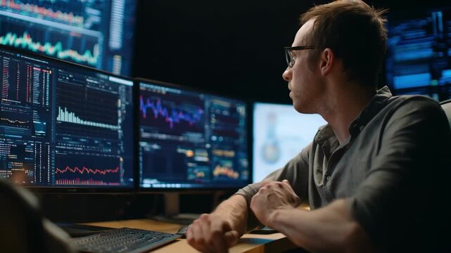 Medium shot focusing on a data specialist tracing complex cryptocurrency transaction paths to uncover illicit financial flows