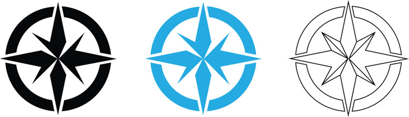 Compass Rose Icon Set Vector – Navigation Wind Rose Symbols in Blue, Black and Outline © Farhad