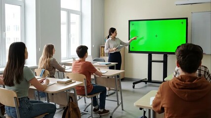 Teacher engaging students in modern classroom with green screen, green screen videos, interactive green screen - Powered by Adobe