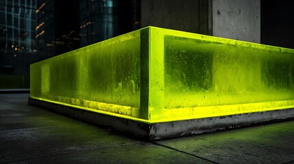 Modern green glowing rectangular concrete bench in a city environment setting