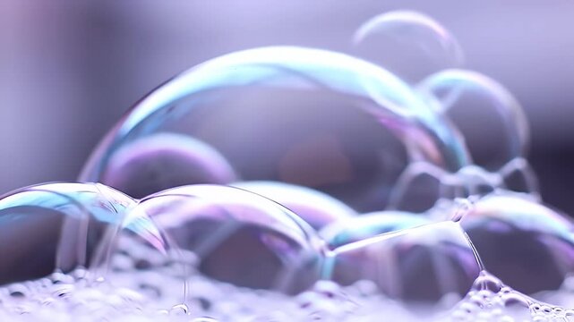 Close-up of iridescent bubbles resting on soapy foam in glossy purple hues