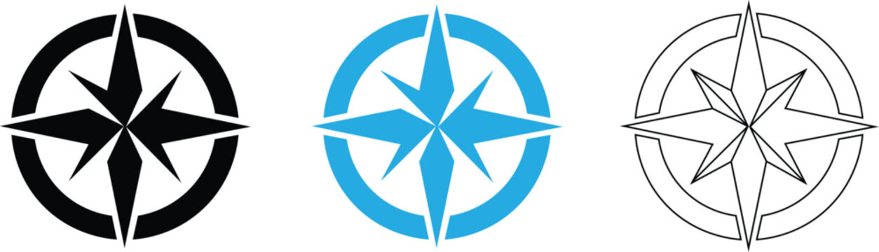 Compass Rose Icon Set Vector &ndash; Navigation Wind Rose Symbols in Blue, Black and Outline