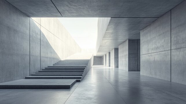 The minimalist interior with concrete walls and geometric staircases emphasises the conciseness of architectural concepts, serving as a backdrop for design portfolios or art projects.