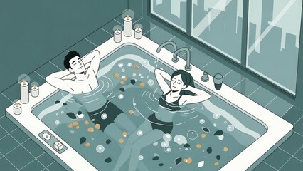 Couple in Luxury Hot Tub Relaxing on City View With Candles and Bubble Bath.jpg