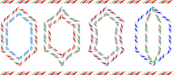 Festive candy cane frames and borders with colorful striped patterns on a black background