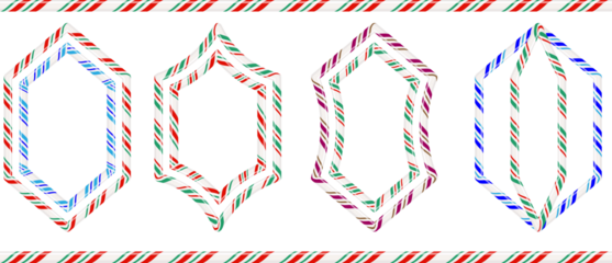Festive candy cane frames and borders with colorful striped patterns on a black background