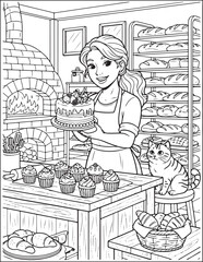Bakery coloring page illustration with baker woman holding cake cupcakes bread oven shelves and cute cat