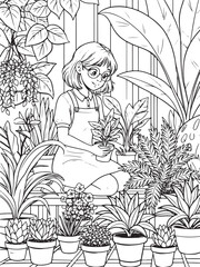 Black and white coloring page of girl gardening with potted plants and indoor botanical scene