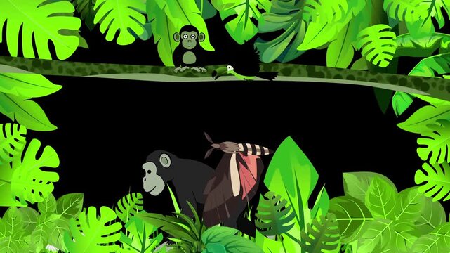 Night Jungle Scene with Green Leaves Grass, apes and Flying Moth Animation