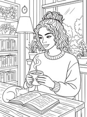 Cozy Woman Reading with Coffee and Cat in a Peaceful Home Interior Coloring Page Illustration