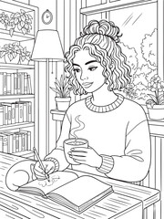 Cozy Woman Journaling with Coffee in a Peaceful Home Reading Corner Coloring Page Illustration