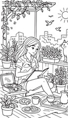 Peaceful Balcony Writing Scene with Young Woman Cat Plants and Cozy Morning Lifestyle Illustration