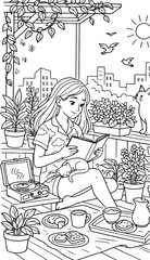 Peaceful Balcony Reading Scene with Young Woman Cat Plants and Cozy Morning Lifestyle Illustration