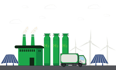 Green Hydrogen Energy Production Plant With Renewable Power Vector Illustration