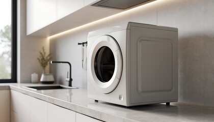 Fototapeta premium Modern compact washing machine placed on a countertop in a minimal kitchen or laundry setup, soft daylight enhancing clean lines, neutral tones, and realistic appliance detail.