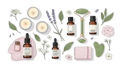 Natural Wellness Spa Products Flatlay With Candles Essential Oils and Jade Tools.jpg