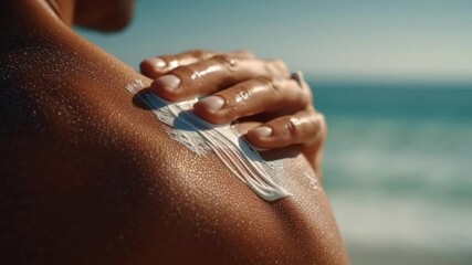 Applying sunscreen to the shoulder on a sunny day at the beach with the ocean in the background