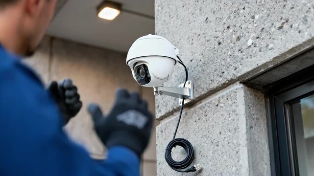 Technician mounting a dome security camera on a building wall ensuring optimal coverage for facility surveillance in medium closeup shot.