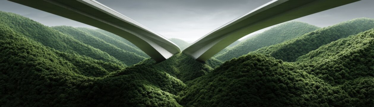 A striking image of intersecting highway overpasses nestled between lush green mountains, highlighting modern engineering and nature's beauty, continuity across disruption, ESG
