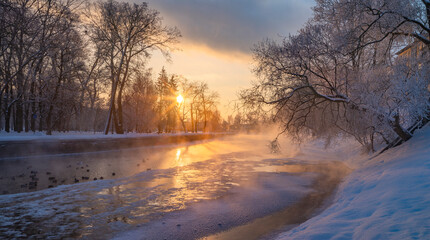 A frosty dawn by the river in a city park in Minsk