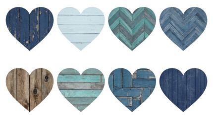 Rustic wooden heart set including weathered blue, teal chevron, and natural brown timber textures isolated. Decorative country style design elements.
