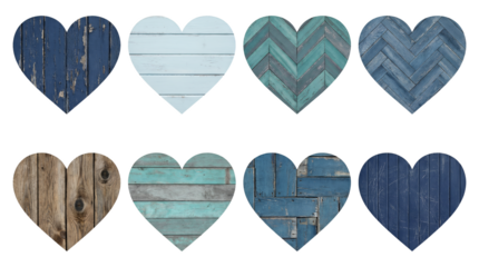 Rustic wooden heart set including weathered blue, teal chevron, and natural brown timber textures isolated. Decorative country style design elements.