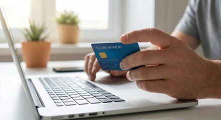 Close up man hands holding blue credit card for secure payment while using laptop computer. Concept of online shopping, e-commerce, banking and finance.