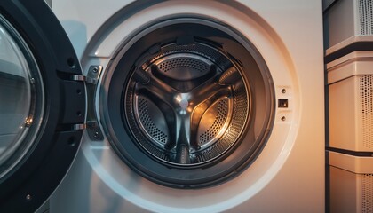 Top-loading washing machine with lid open, showing detailed water inlet and drum texture, realistic lighting highlighting interior components and clean modern appliance design.