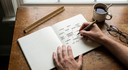 Top view of person brainstorming creative project ideas in a notebook
​Hands writing a mind map for design planning on a wooden desk
​Creative project management concept with sketchbook and coffee