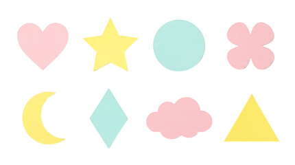 Pastel paper cutout set including heart, star, circle, clover, moon, diamond, cloud, and triangle shapes. Craft and stationery scrapbooking collection.