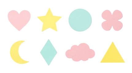 Pastel paper cutout set including heart, star, circle, clover, moon, diamond, cloud, and triangle shapes. Craft and stationery scrapbooking collection.
